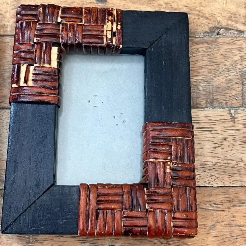 Vintage Dark Walnut Wood Woven Rattan Picture Frames 3x2